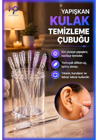 Hot Power Yapışkan Silikon Uçlu Yıkanabilir Kulak Temizleme Çubuğu 24'lü