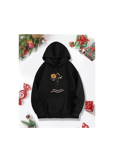 Herkesemoda Grow Through Baskı Detaylı İçi Polarlı Kapüşonlu Sweatshirt Siyah