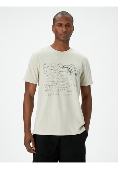 Koton Baskılı Tişört Slim Fit Kısa Kollu Bisiklet Yaka Pamuklu Bej 4sam10638hk Ekru