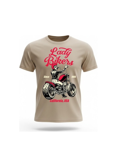 Urbantrendstore Unisex Motosiklet Baskılı Oversize Fit Rahat Geniş Salaş T-shirt Günlük Tişört Bej