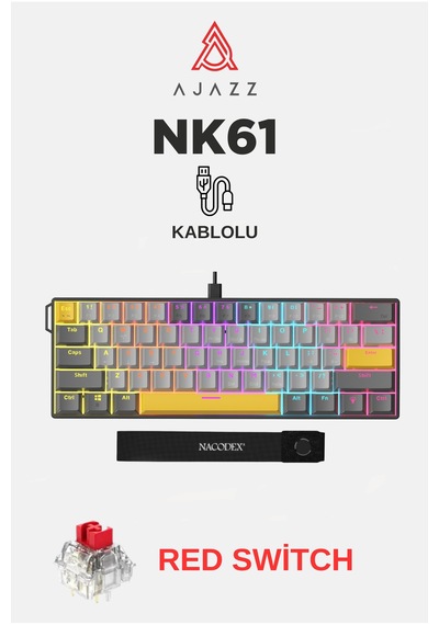 Ajazz Nk61 Red Switch Kablolu Hot-swap Klavye Rainbow Aydınlatma Taşıma Bandı Sarı-siyah