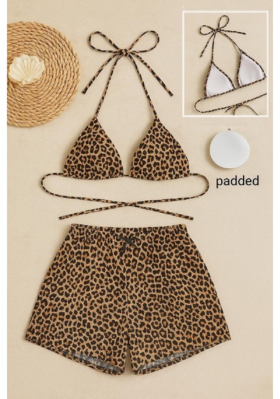Angbutik Kadın Leopar Desenli Şortlu Belden Ve Boyundan Bağlamalı Bikini Takımı