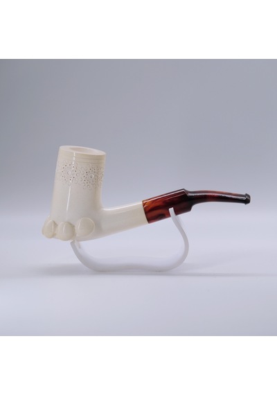 9mm Filtre Uyumlu, El Oyması, Lületaşı Kale Figürlü Pipo, Kehribar Ton Akrilik Ağızlık, 15,2 Cm