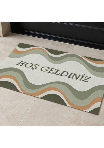 Kartela Halı Hoş Geldiniz Yazılı Retro Dalga Kapı Paspası Adaçayı Yeşili 40x60 Cm