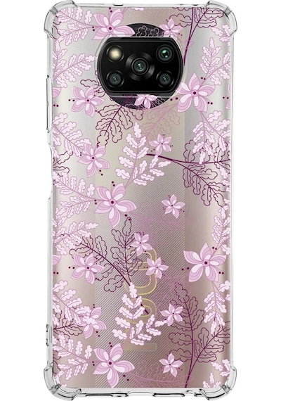 Xiaomi Poco X3 Pro Köşe Korumalı Antişok Kapak Floral Pudra Tasarımlı Şeffaf Silikon Kılıf