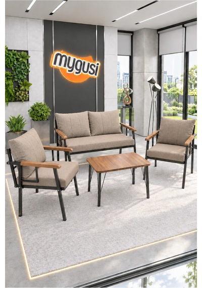 Mygusi Erva Serisi Balkon, Bahçe, Cafe - Metal Kanepe Koltuk Takımı - 211 40 70 Sehpalı - Cappucino Cappuccino