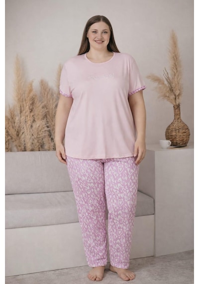 Pemilo Kadın 2005-8 Büyük Beden Kısa Kol Likralı Pijama Takımı Pudra