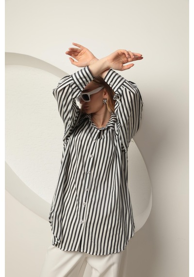 Chıcnhappy Poplin Kalın Çizgi Kadın Gömlek Siyah 24pn50610147 Siyah