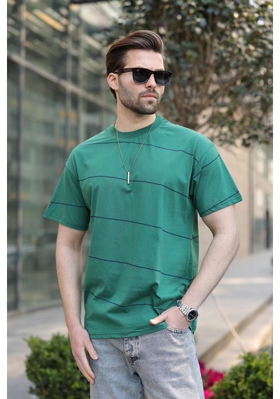 Madmext Koyu Yeşil Bisiklet Yaka Basic Çizgili Erkek T-shirt E7102