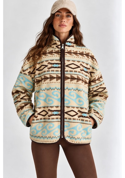 Mevese Desenli Dik Yaka Cepli Biyeli Kadın Polar Sweatshirt - Krem-kahverengi
