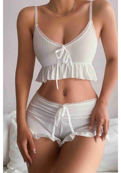 Merry See Özel Örme Kumaş Askılı Şortlu Pijama Takımı Beyaz 001