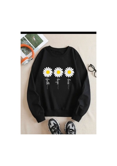 Medinenur Sarı Papatyalar Baskılı Bisiklet Yaka Şardonlu Sweatshirt Siyah