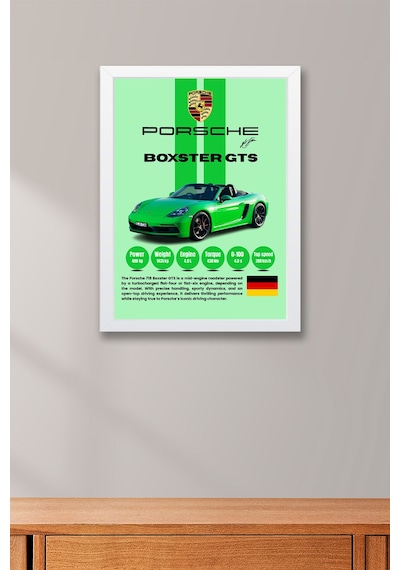 Porsche 718 Boxster Gts Premium Spor Araba Tablosu - Teknik Özellikli Yeşil Roadster Duvar Dekoru Beyaz Porsche 718 Boxster Gts Premium Spor Araba Tablosu - Teknik Özellikli Yeşil Roadster Duvar Dekoru Beyaz
