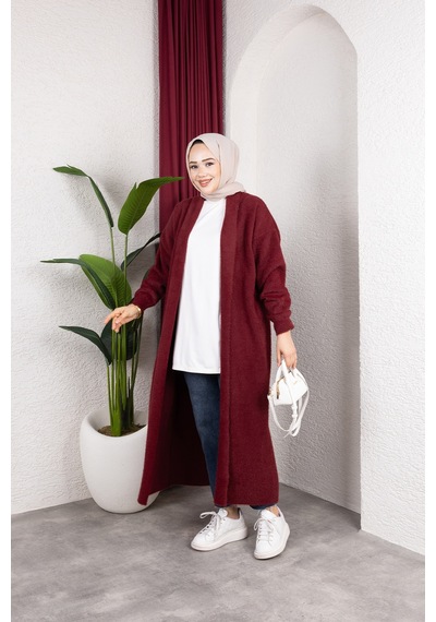 Hira Life Fashion Kadın Şal Yaka Uzun Triko Ve Sakallı Tüylü Hırka Bordo Bordo