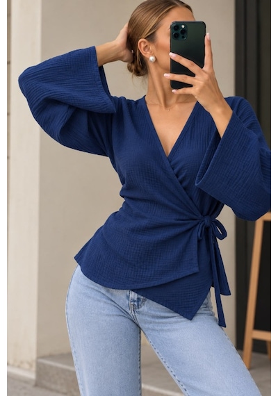Veraura Lifestyle Kruvaze Kesim, Bağlama Detaylı Lacivert Bluz