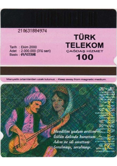 Karacaoğlan Telefon Kartı 100 Kontör Türk Telekom. Ekim 2000