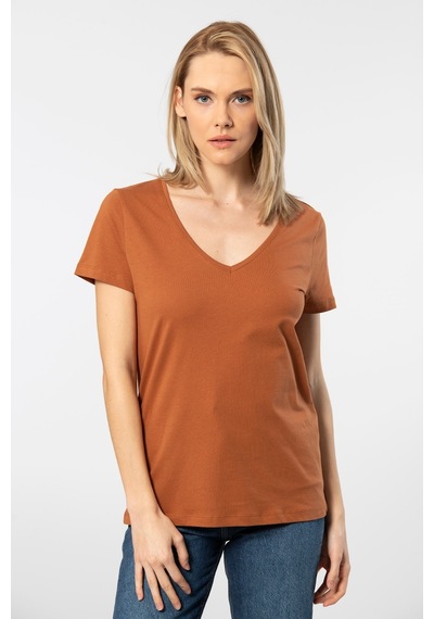 Wtshirt Milano Kısa Kol Derin V Yaka Kadın T-shirt Tarçın 001