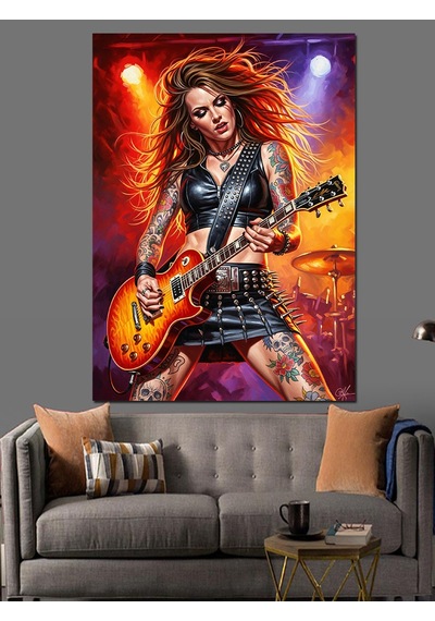 Ahşap Tablo Kırmızı Saçlı Gitarist Kadın