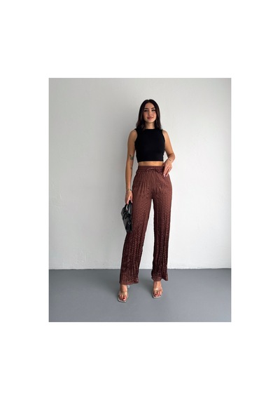 Gugus Kadın Saten Pantolon Trend Wide Leg Model Kahverengi