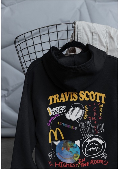 Macklin Unisex Kadın Erkek Travis Scott Highest Ön Arka Baskılı Özel Tasarım Baskılı Kapşonlu Sweatshirt Siyah Mck1517 Siyah