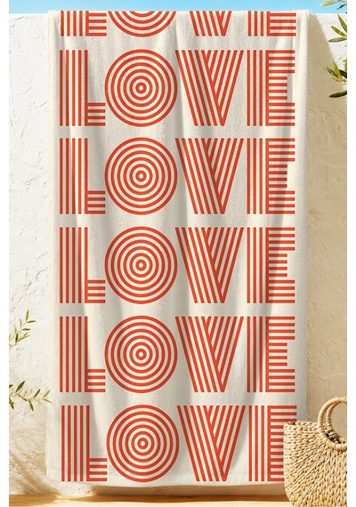 Love Yazılı Modern Plaj Havlusu - Geometrik Tipografik Krem Turuncu Hızlı Kuruyan Mikrofiber Havlu Çok Renkli
