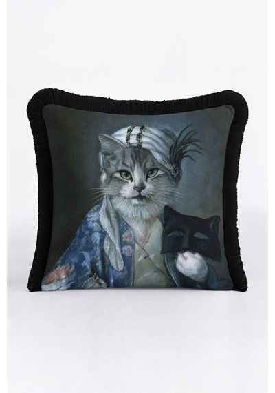 Avangart Kedi Portresi Saçaklı Yastık Kılıfı - Maskeli Figür Nostaljik Siyah Püsküllü Kırlent Kılıfı Tozlu Okyanus Taba Avangart Kedi Portresi Saçaklı Yastık Kılıfı - Maskeli Figür Nostaljik Siyah Püsküllü Kırlent Kılıfı Tozlu Okyanus Taba
