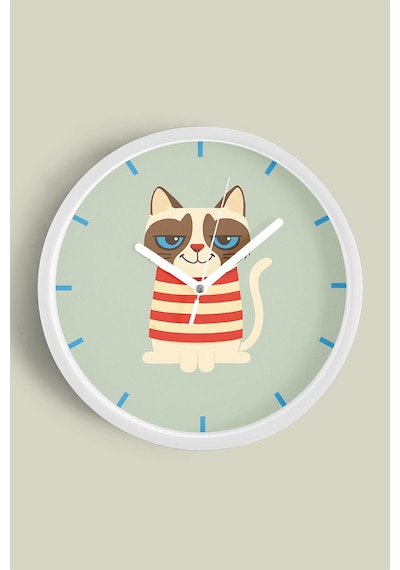 Kedi Tasarım Modern Duvar Saati - 30cm - Önü Camlı Beyaz Kasa - Sessiz Mekanizma Beyaz