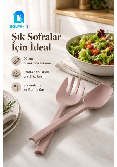 Salata Kaşık Çatal Seti 2 Li Büyük Boy 29 Cm Pudra Pembe Plastik Servis Kaşığı Ve Çatalı
