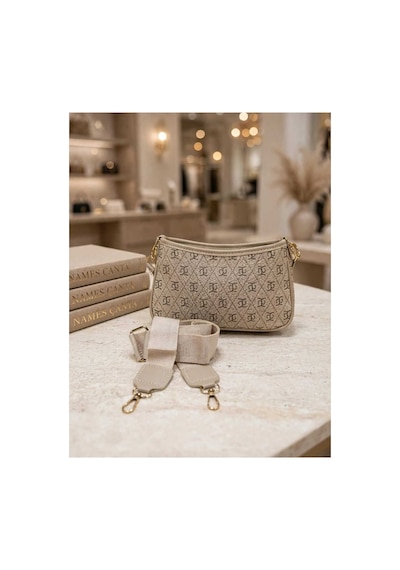 Names Bag Kadın Lüks Tasarım Monogram/desenli Çift Askılı Kumaş/deri Detaylı El Ve Omuz Çantası Krem