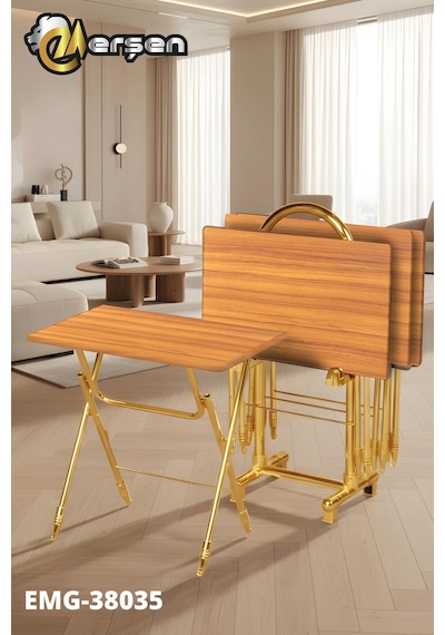 Eranş Serisi 4'lü Katlanır Mdf Mebran Ahşap Çanta Zigon Sehpa Gold Ayak Atlantik Çam Desen Gold Ayak