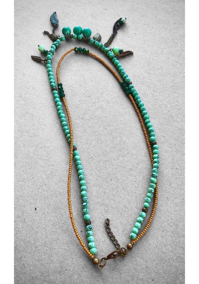 El Yapımı Turkuaz Taşlı Yaprak Kolye-40 Cm Turkuaz