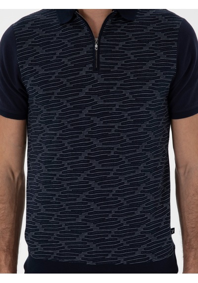 Lacivert Regular Fit Fermuarlı Polo Yaka Desenli T-shirt