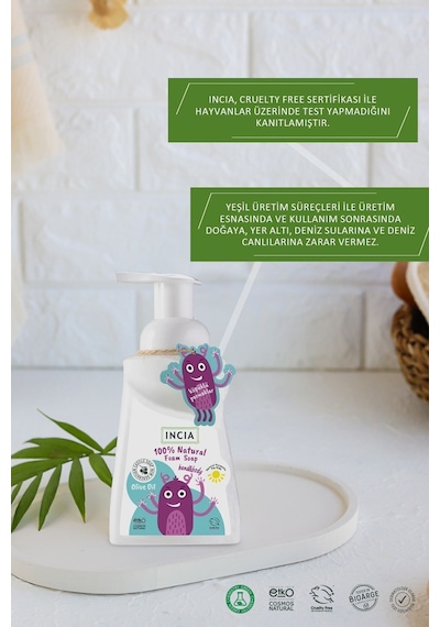 INCIA %100 Doğal Köpük Kastil Sabunu Çocuklar İçin Zeytinyağlı 10 Bitkisel Değerli Yağ Vegan 200 ml