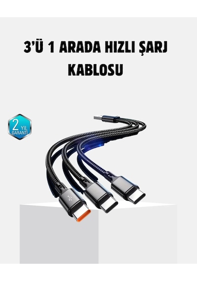 Lb 3 Başlıklı Hızlı Şarj Kablosu Metal Alaşımlı Dayanıklı Ve Akıllı Çipli