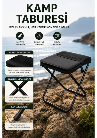 Kamp Taburesi Çantalı Katlanır Taşınabilir Hafif Dayanıklı Kaymaz Ayaklı Outdoor Oturma Sandalyesi Siyah