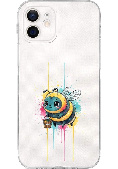 Apple Uyumlu iPhone 12 Mini İle  Splash Arı Tasarımlı Kamera Korumalı Şeffaf Silikon Kılıf 051b