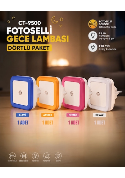 Cata Ct-9500 Fotoselli Led Gece Lambası - 4 Lü Paket Renkli