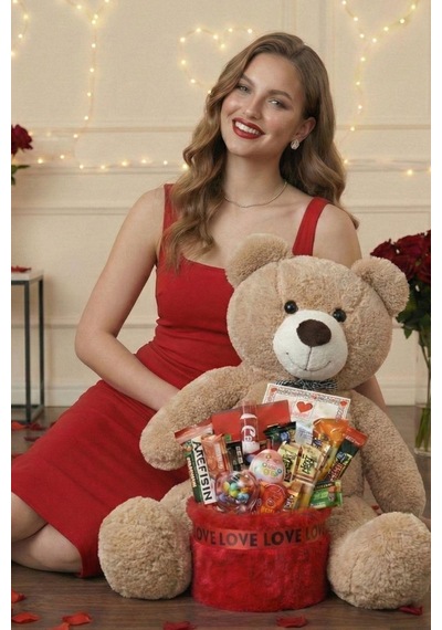 3 Lü Kadınlar Günü Hediye Seti 90 Cm Peluş Ayı, Love Çikolata Sepeti & Mavi Peluş Ayıcık Buketi 58331706