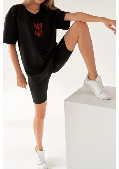 Oversize Minimal Baskılı Siyah Tshirt Nrage107 Siyah