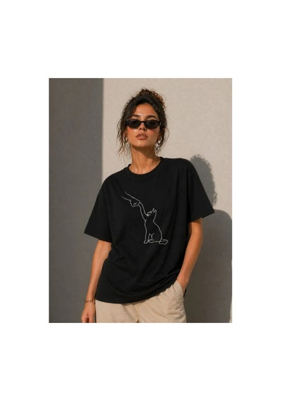 Butik İstanbul Minimal Kedi Çizim Baskılı Tişört Kısa Kol Yazlık T-shirt - Siyah
