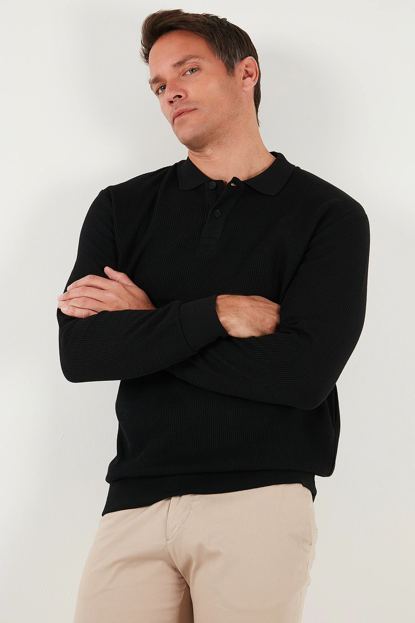 Buratti Pamuklu Regular Fit Düğmeli Polo Yaka Erkek Sweat 5905739 Siyah
