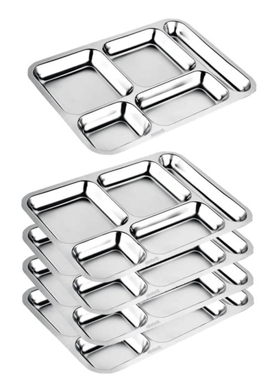 Paslanmaz Çelik 5 Bölmeli Metal Tabldot Tabağı 28x40cm 50 Adet 50 Kişilik Self Servis Tabldot gri