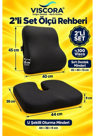 Araba Ve Ofis Koltuğu Sırt Ve Kuyruk Sokumu Minderi 2 Li Set Ergonomik Visco, Kaymaz Taban Siyah