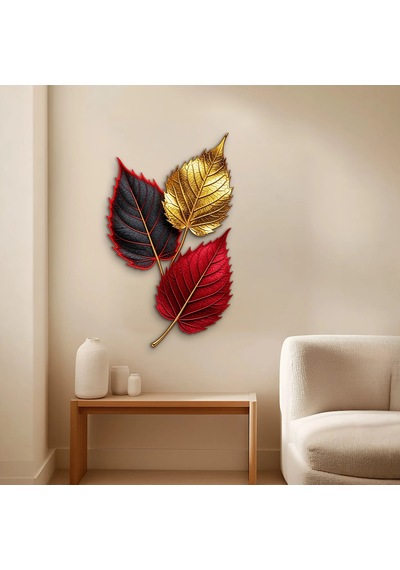 Altın Ve Kırmızı Üç Yaprak - Metal Tablo - Dec0265 48 X 80 Cm Çok Renkli