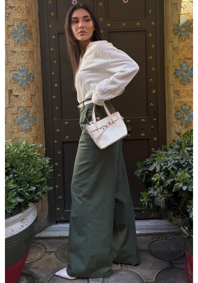 Madmext Haki Yüksek Bel Keten Wide Leg Pantolon Mg2718
