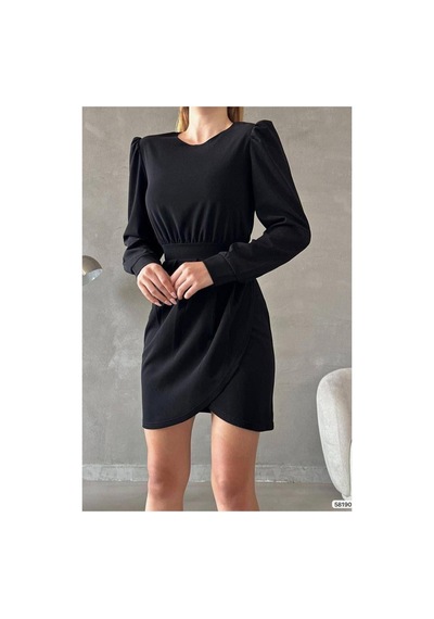 DefyModa Kadın Günlük Bisiklet Yaka Uzun Kollu Abiye Elbise Siyah