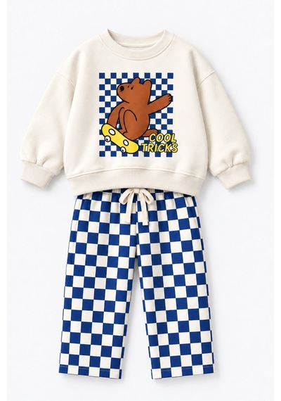 Monila Erkek Çocuk Pamuklu Ekru Ayıcık Baskılı Sweatshirt Ve Lacivert Kareli Eşofman Alt Üst Takım
