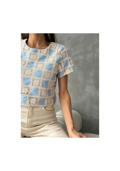 Verymoda Kısa Kollu Dama Desen Tiğişi Bluz D2619 Ham Mavi