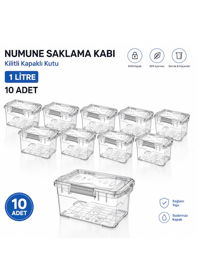 Numune Saklama Kabı 1 L - Kilit Kapaklı Kutu 10 Adet