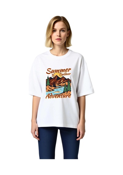 Paybuy Yaz Macerası Retro Tasarım Baskılı Kadın Oversize Tişört Beyaz